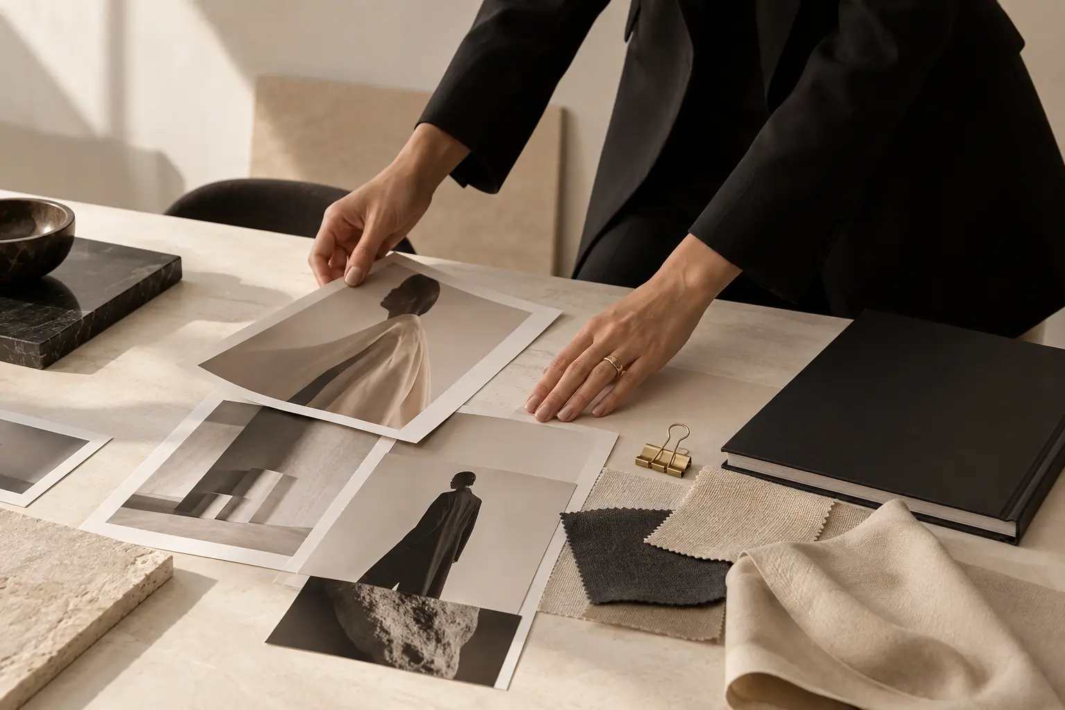 Luxury creative direction materials arranged on a studio table