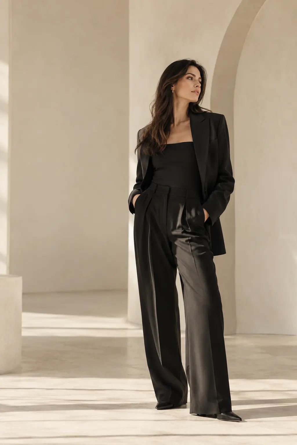 Editorial fashion portrait in a minimalist ivory setting